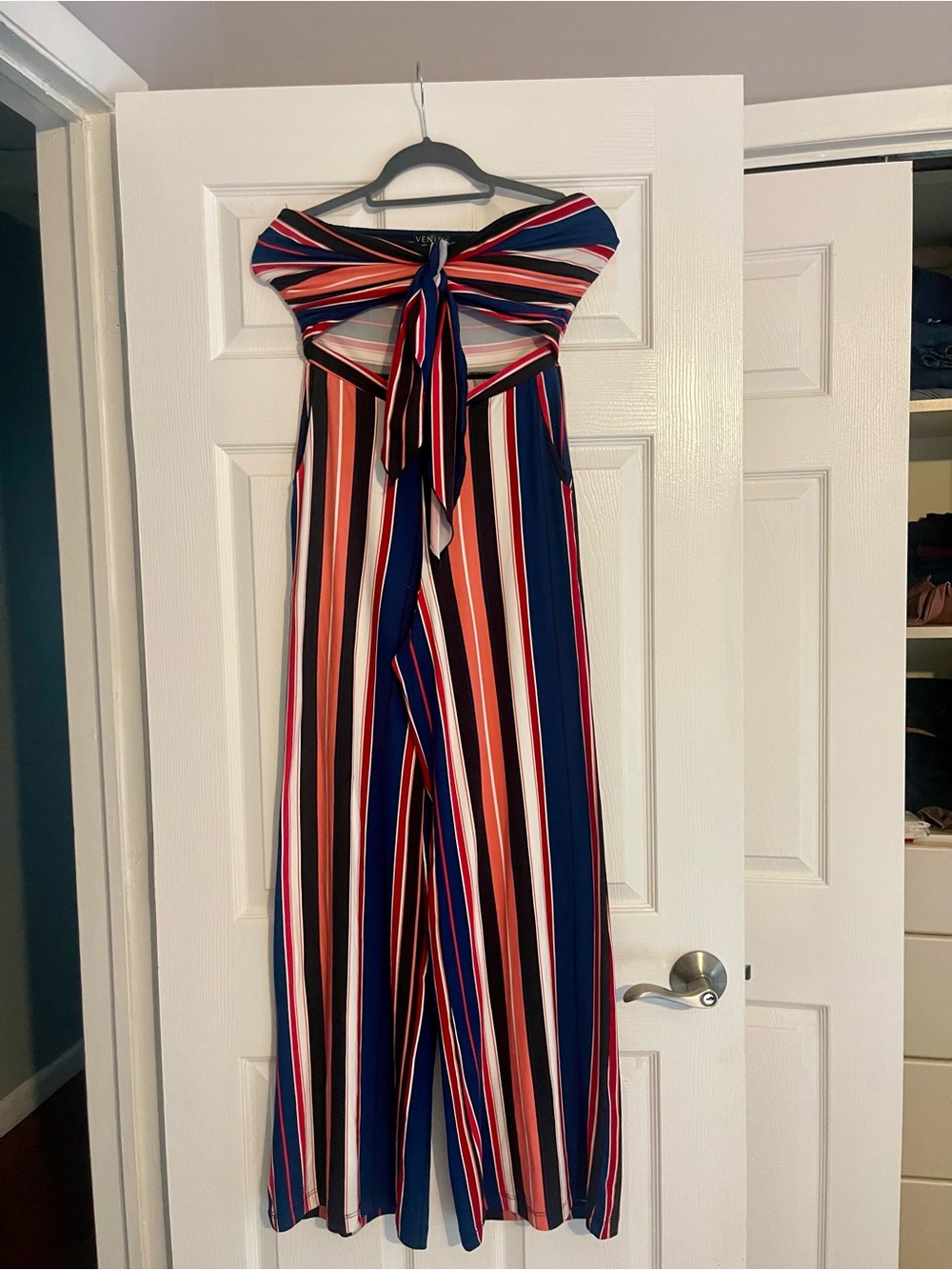 VENUS Strapless Tie-Front Striped Jumpsuit in Navy, Red, White & Tan